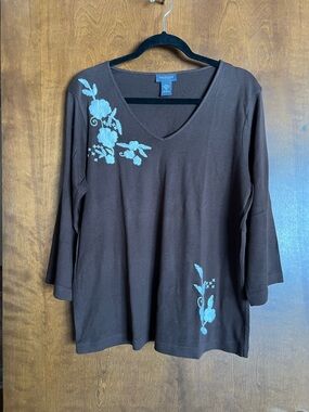 Van Heusen Brown Long-Sleeve V-Neck Top with White Floral Embroidery